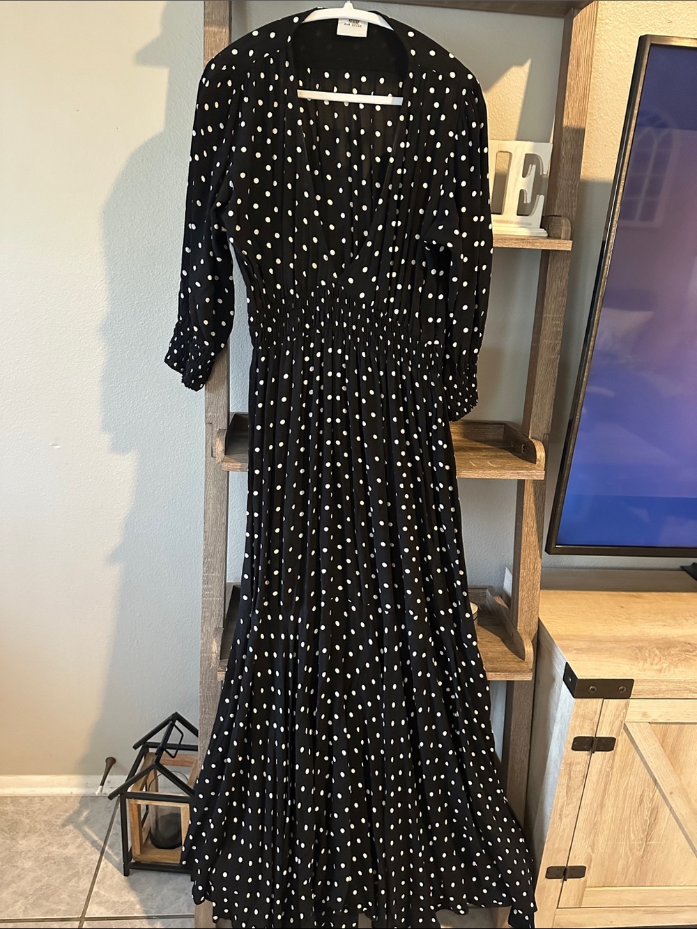 Black & White Polka Dot Maxi Dress with Smocked Waist